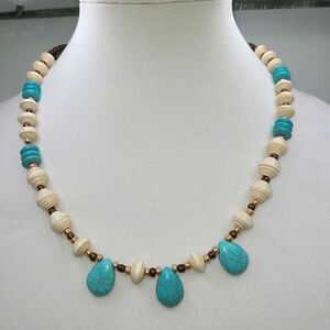 Artisan Hand Crafted  paper bead necklace,  cream and turquoise,
